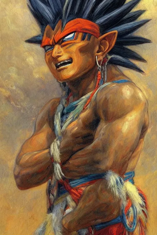 Image similar to portrait of an indigenous saiyan on their home planet. realistic portrait. art by gaston bussiere.