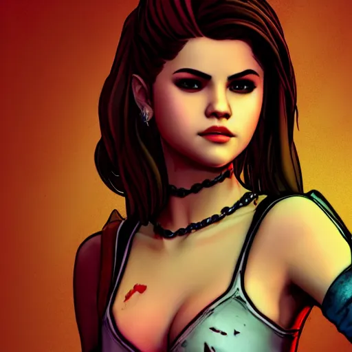 Image similar to selena gomez portrait, borderlands, tales from the borderlands, the wolf among us, comic, cinematic lighting, studio quality, 8 k