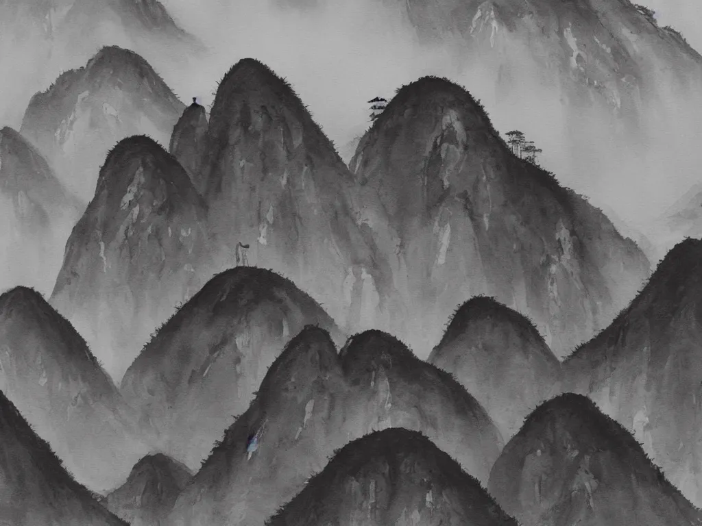 Prompt: a beautiful black watercolor painting of the mountainous landscape of huangshan with buddisht and taoist temples on hilltops on a rainy day