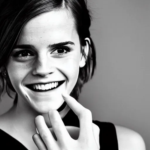 Image similar to A photo of laugh emma watson showing wedding ring on his finger. 50 mm. perfect ring. award winning photography