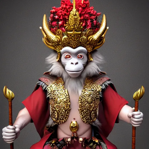 Image similar to monkey king godly lord of monkeys, wearing a crown, holding a staff, sitting in throne, dark lighting, dim lightning, red eyes, gothic dark style 8 k render high detail