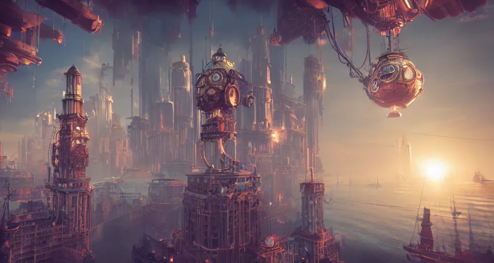 Prompt: floating steampunk city in the sky, bioshock, intricate artwork by tooth wu and wlop and beeple, octane render, hyper realism, 8 k