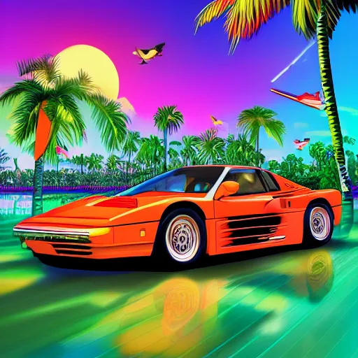 Prompt: digital art profile picture of a duck driving a ferrari testarossa under palm trees, vaporwave, trending on artstation, 4 k, highly detailed, simply great