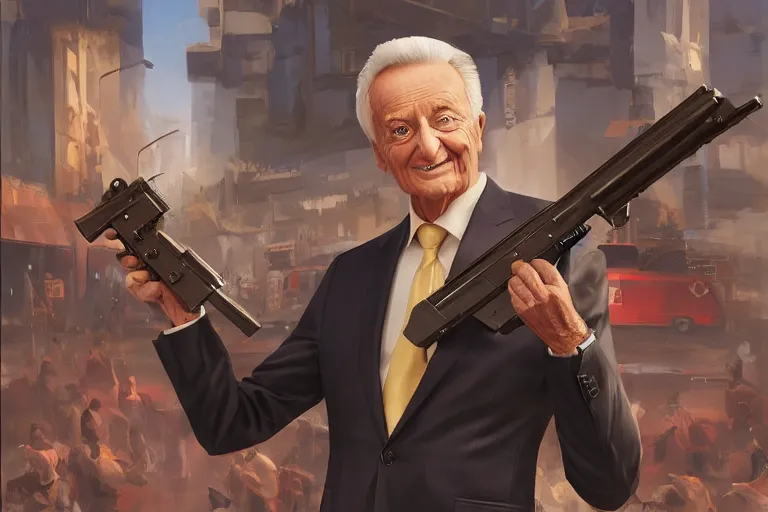 Image similar to portrait of bob barker holding an ak - 4 7, price is right set in background, charlie bowater, artgerm, ilya kuvshinov, krenz cushart, ruan jia, realism, ultra detailed, 8 k resolution