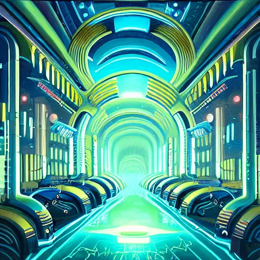 Prompt: beautiful painting of a bioluminescent art-deco metropolis under the ocean in the style of Simon Stålenhag and H. R. Giger