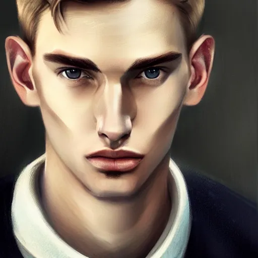 Image similar to tall man in his twenties with brown blond short quiff hair and thin slightly round facial structure with cleft chin, straight eyebrows and prominent nose, good definition of cheekbones, big hazel nut brown eyes, narrow face, slim body, atmospheric lighting, painted, intricate, 4 k, highly detailed by charlie bowater