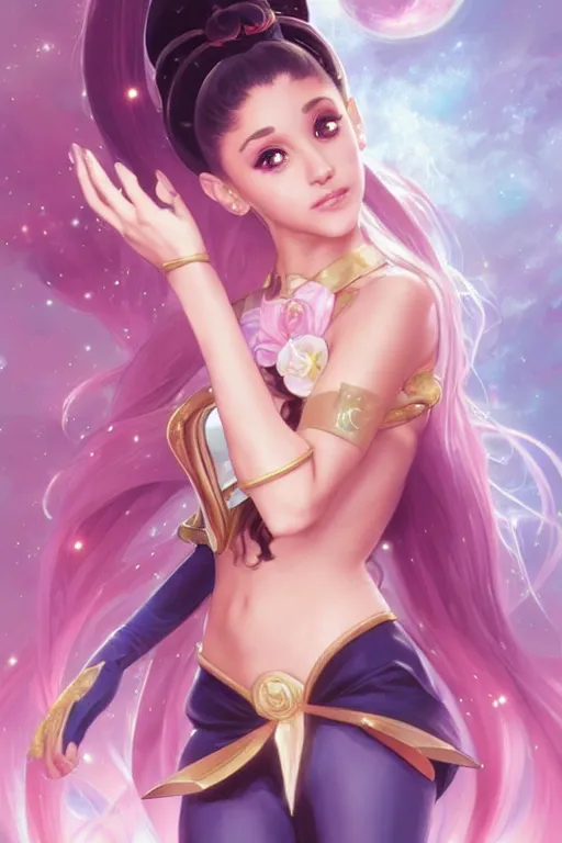 Image similar to ariana grande as sailor moon, fantasy, intricate, elegant, highly detailed, digital painting, artstation, concept art, matte, sharp focus, illustration, art by Artgerm and Greg Rutkowski and Alphonse Mucha