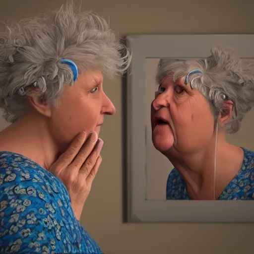 Image similar to of a very funny scene. ambient occlusion render. a sweet fat old woman is in kissing her reflection. flowery dress. mirror. symmetrical face, red mouth, blue eyes. deep focus, lovely scene. ambient occlusion render. concept art. unreal engine.