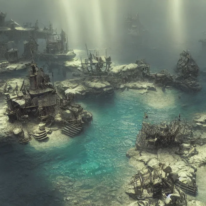 Image similar to an underwater settlement painted by, mc escher, gordon onslow ford, georgia o'keeffe and ivan aivazovsky, cinematic light, god rays, unreal engine, zbrush central,