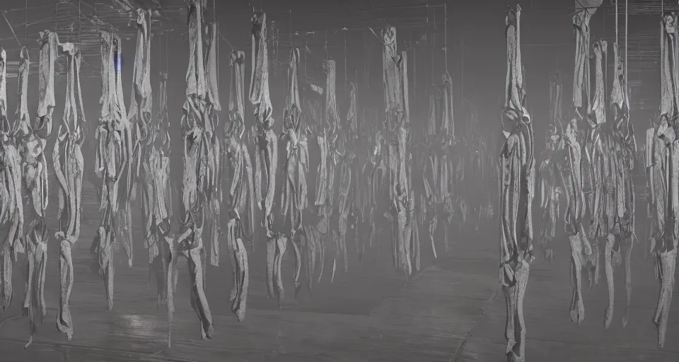 Image similar to illustration of rows of limp bodies hanging on hooks in a cold warehouse, products, rolling fog, cyberpunk, dystopian, dramatic lighting, unreal engine 5