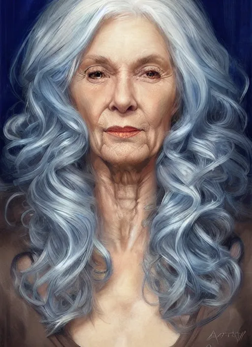 Prompt: portrait of a 6 5 years old woman with long curly brown and white hair and blue eyes, beautiful painting by artgerm and greg rutkowski