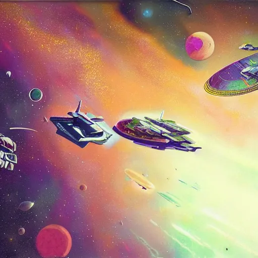 Image similar to a beautiful photograph of a space battle with wild, bright colors. by scott listfield accurate