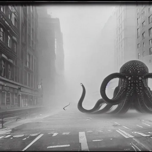 Image similar to old black and white photo, 1 9 1 3, depicting a giant alien dieselpunk octopus rampaging through the bustling streets of new york city, historical record, volumetric fog