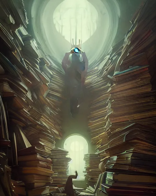 Image similar to highly detailed surreal vfx portrait of a villain in a graveyard of books, stephen bliss, unreal engine, greg rutkowski, loish, rhads, beeple, makoto shinkai and lois van baarle, ilya kuvshinov, rossdraws, tom bagshaw, alphonse mucha, global illumination, detailed and intricate environment