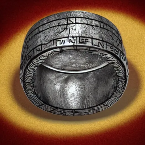 Image similar to the ring from lord if the rings with an imprinted ruler, cm scale imprinted on the inside of the ring, one ring to rule them all, highly detailed, 8 k, trending on artstation, mystic, rpg artwork