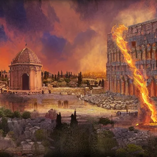 Prompt: a beautiful detailed and realistic matte painting of the ancient Temple of Jerusalem aflame