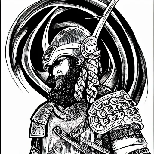 Prompt: a viking warrior illustration, 4k detailed, black ink on white paper, dark fantasy, white space in middle