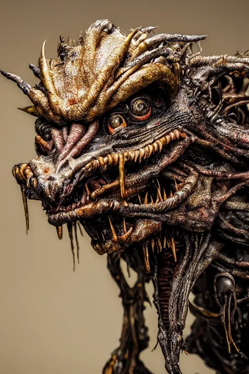 Image similar to photo taken of an epic intricate, ultra detailed, super realistic gritty, lifelike sculpture of a nightmarish hellish creature created by weta workshop, zoomed in shots, photorealistic, sharp focus, white wall coloured workshop, cold, f 0. 4, face centred, golden ratio, golden hour