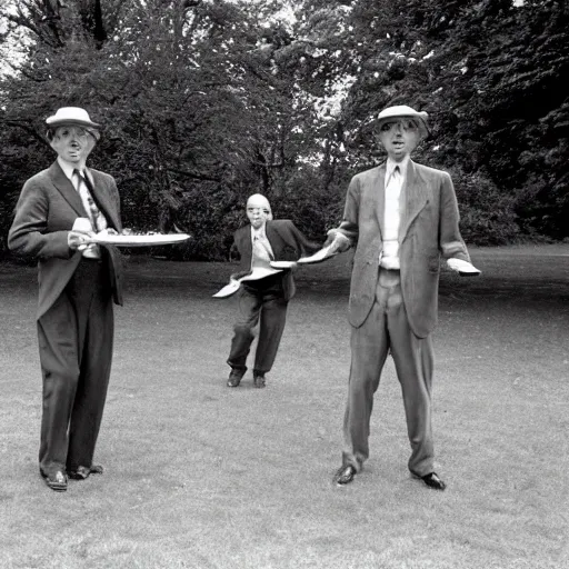 Image similar to gilbert and george playing with frisbees, in the park, where's wally