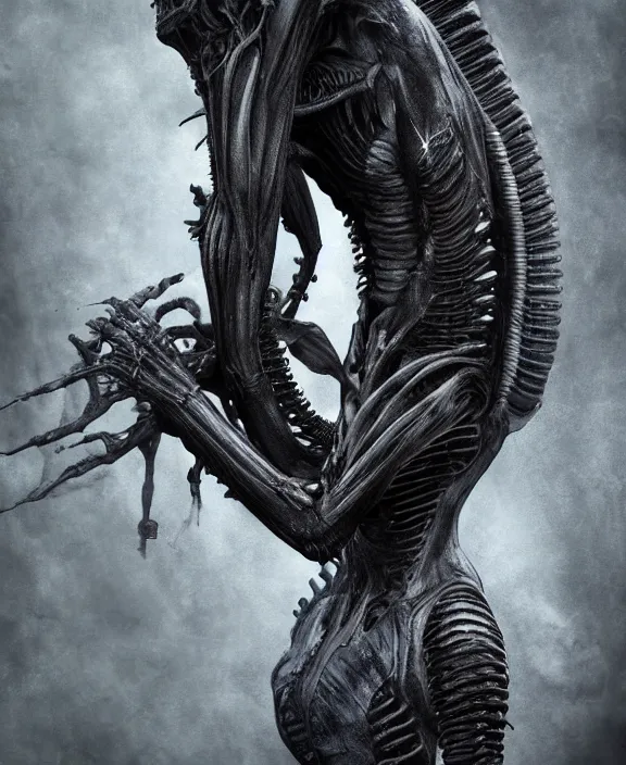 Image similar to xenomorph hugging pale sad beauty merging, dark mist colors, giger background liminal void, digital art, cinematic lighting, realistic, award winning photograph, various refining methods, micro macro autofocus