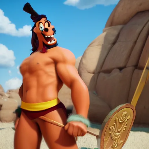 Image similar to a 3 / 4 portrait of a crazy goofy hercules, by antonio mello, 3 d nft, cgsociety, rendered in maya, unreal engine, octane render