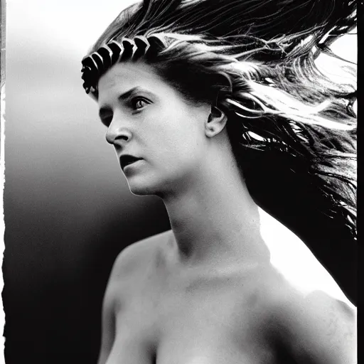 Prompt: full body color photograph of Helen of Troy, wearing a diadem, her hair blowing in the wind, dramatic lighting, by Annie Leibovitz Carl Zeiss 135mm nikon