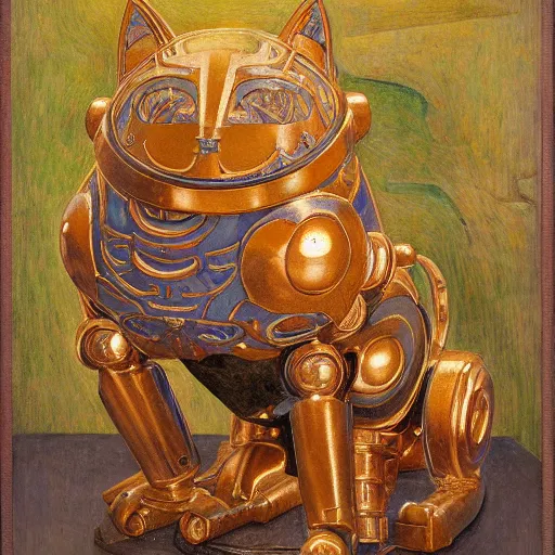 Prompt: ornate robot cat sculpture, by annie swynnerton and diego rivera and nicholas roerich and jean delville and janet fish, symbolist, dramatic lighting, god rays, art brut, rich colors, smooth, sharp focus, extremely detailed, adolf wolfli and ( donato giancola and bilibin )