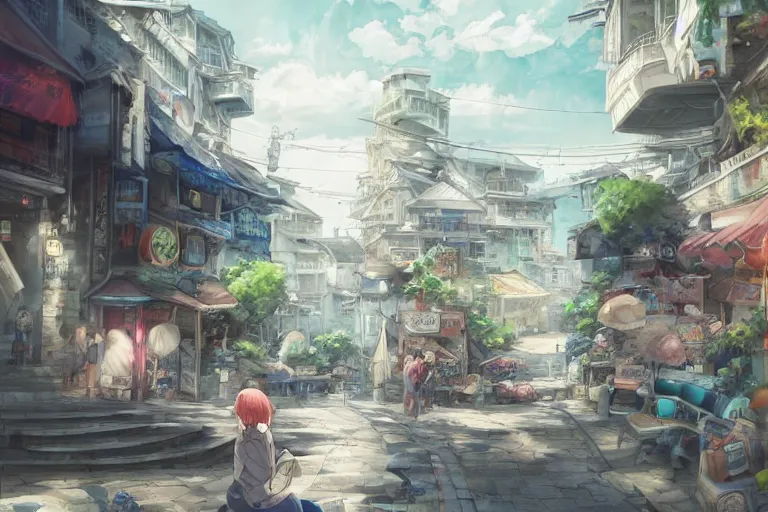 Image similar to dynamic composition, motion, ultra - detailed, incredibly detailed, a lot of details, amazing fine details and brush strokes, colorful and grayish palette, smooth, hd semirealistic anime cg concept art digital painting, watercolor oil painting of scenes without people, in asian city in style of cytus and deemo, blue flame, relaxing, calm and mysterious vibes