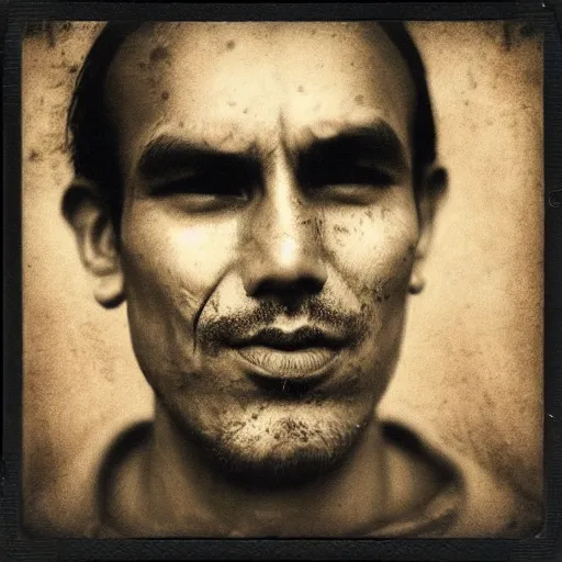 Image similar to polaroid picture, sepia, homeless manu chao in the streets of bogota, perfect face, symmetrical face, fine details, day setting, ethereal, trending on artstation