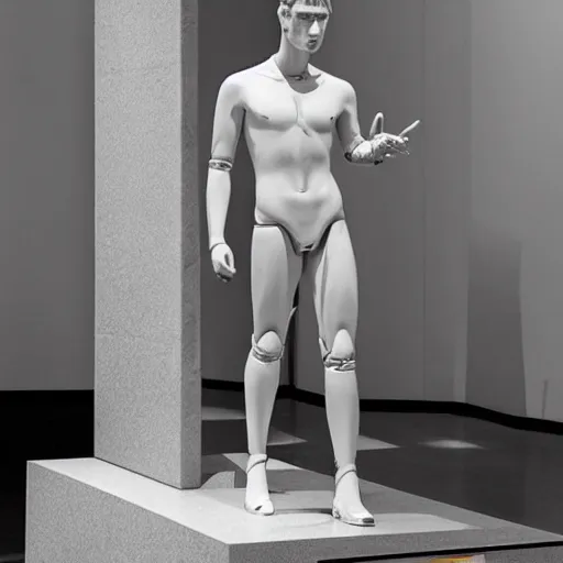 Image similar to “ a realistic detailed photo of a guy who is an attractive humanoid who is half robot and half humanoid, who is a male android, actor liam hemsworth, shiny skin, posing like a statue, blank stare, at the museum, on display ”