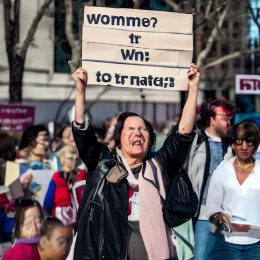 Prompt: A woman holding a sign that says