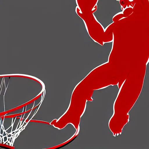 Prompt: A gorilla wearing a red suit dunking a ball into a hoop, digital art