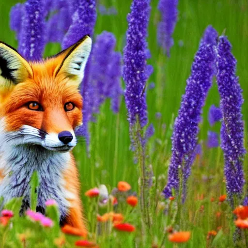 Prompt: a portrait of a fox in a field of beautiful flowers