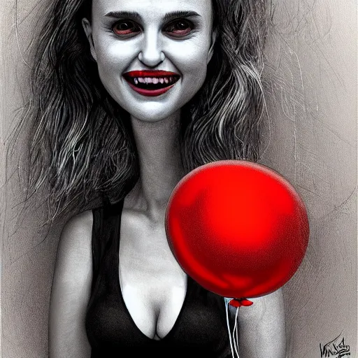 Image similar to surrealism grunge cartoon portrait sketch of natalie portman with a wide smile and a red balloon by - michael karcz, loony toons style, chucky style, horror theme, detailed, elegant, intricate