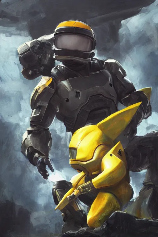 Image similar to electrode pokemon playing as master chief, oil on canvas, intricate, 8 k highly professionally detailed, hdr, cgsociety