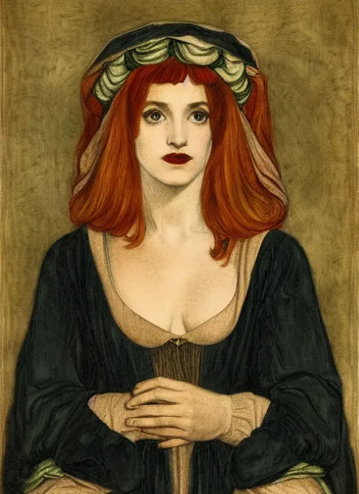 Image similar to portrait of young woman in renaissance dress and renaissance headdress, art by dante gabriel rossetti