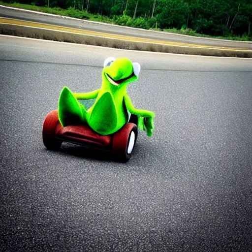 Image similar to kermit in a cowboy hat rolling coal on the highway