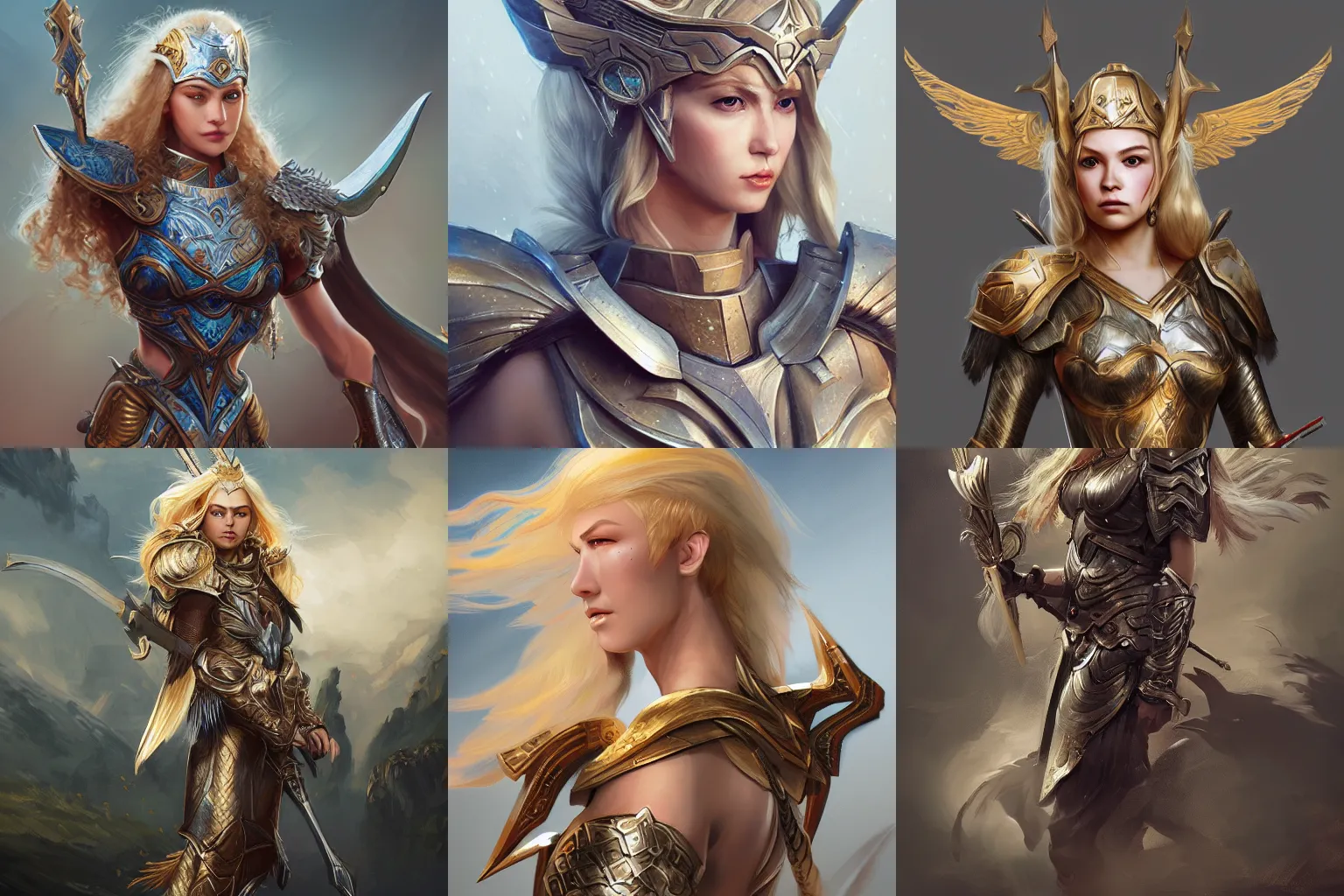 Prompt: a Valkyrie with blonde hair wearing ornate armor, painterly, photoshop, artstation, Bo Xun Ling, Evan Lee, Xintong Chen