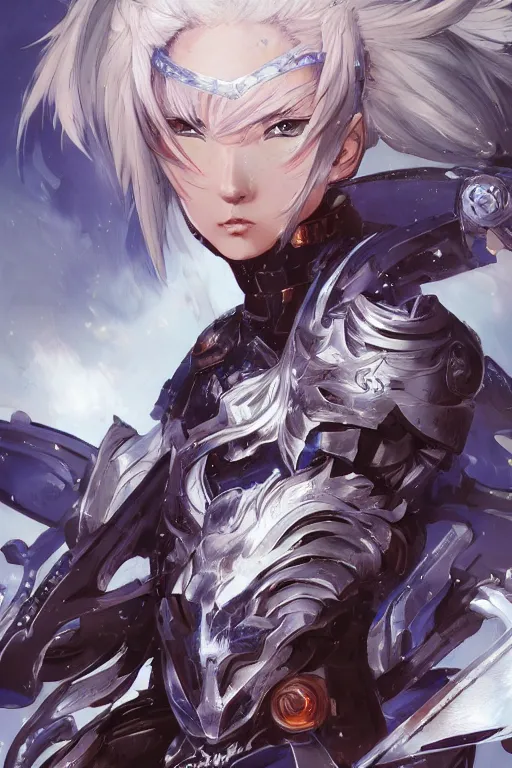 Image similar to concept art, anime portrait of a ninja cyborg warrior wearing an intricate azure wolf themed armor by Masamune Shirow, Stanley Artgerm Lau, WLOP, Rossdraws, James Jean, Andrei Riabovitchev, Marc Simonetti, and Sakimichan, trending on artstation