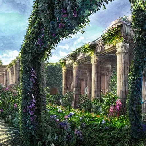 Image similar to garden on paper floating puffy vines herbarium watercolors iridescent 8 k wide angle realistic artstation italian neoliberty architecture pompeii