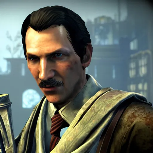 Prompt: Doctor Edward Richtofen holding the wind staff, call of duty zombies, 4k, in game screenshot