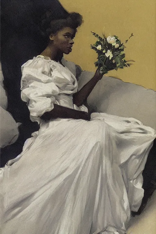 Prompt: black european woman in a gown laying on couch, bloom flowers, modern, eclectic, illustration, by ramon casas