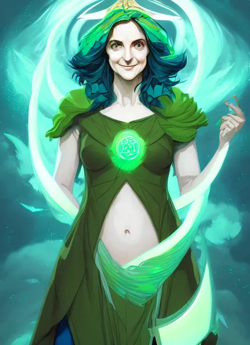 Prompt: style artgerm, joshua middleton, illustration, tina fey as a high priestess wearing green pelt light armor, anime eyes, blue hair, swirling water cosmos, fantasy, dnd, cinematic lighting