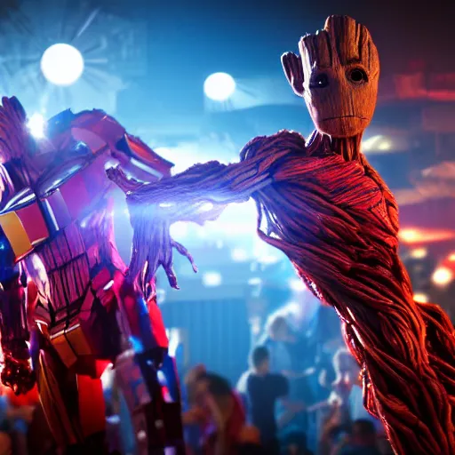 Image similar to groot and optimus prime dancing at techno party among people, wide shoot, after effect, ultra realistic 3 d