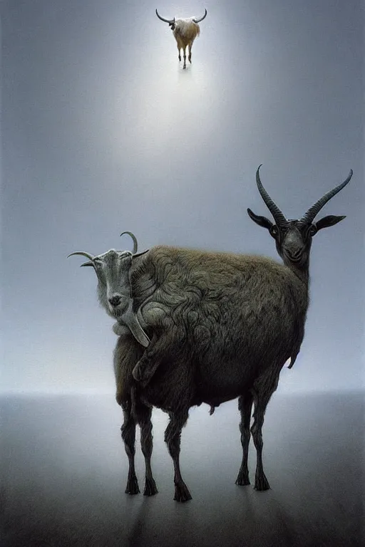 Image similar to painting of hybrid between human andy milonakis and a goat, by zdzislaw beksinski, by tiffany bozic, cold hue's, warm tone gradient background, concept art, beautiful composition, digital painting