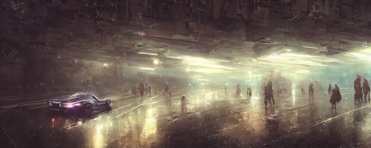 Image similar to under a highway bridge of a cyberpunk city, rain, night, flying shuttles, advertising pannels, rays of light, james gurney, greg rutkowski, unreal engine 5, artstation, sharp focus, award winning