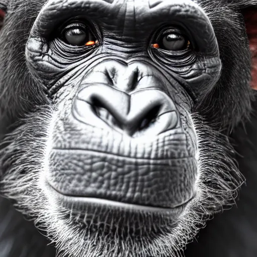 Image similar to a high detail closeup photograph of a chimpanze wearing a suit 👔, award wining photograph, digital art