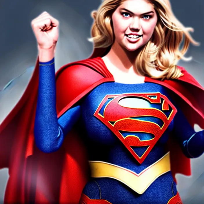 Prompt: photograph of real-life kate upton as supergirl. Extremely detailed. 8k