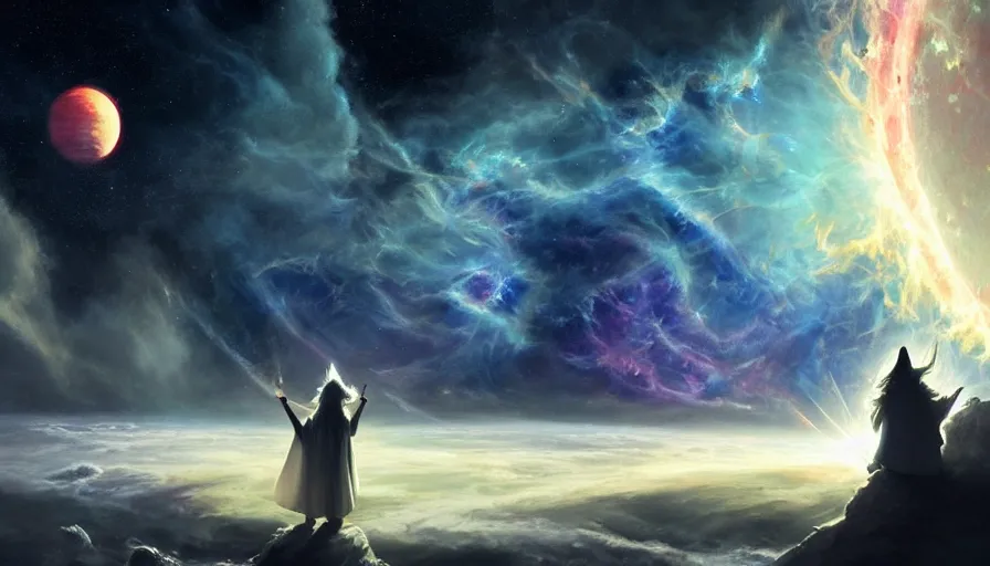 Prompt: a beautiful painting of gandalf watching the crab nebula in the sky of an alien world, ray traced lighting by jean kalin popov and greg rutkowski