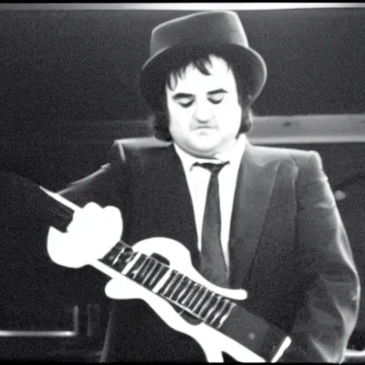 Image similar to john belushi wearing a black suit and black necktie and black fedora hat playing electric guitar in a darkened nightclub, 3 5 mm film still from 1 9 8 1, grainy.